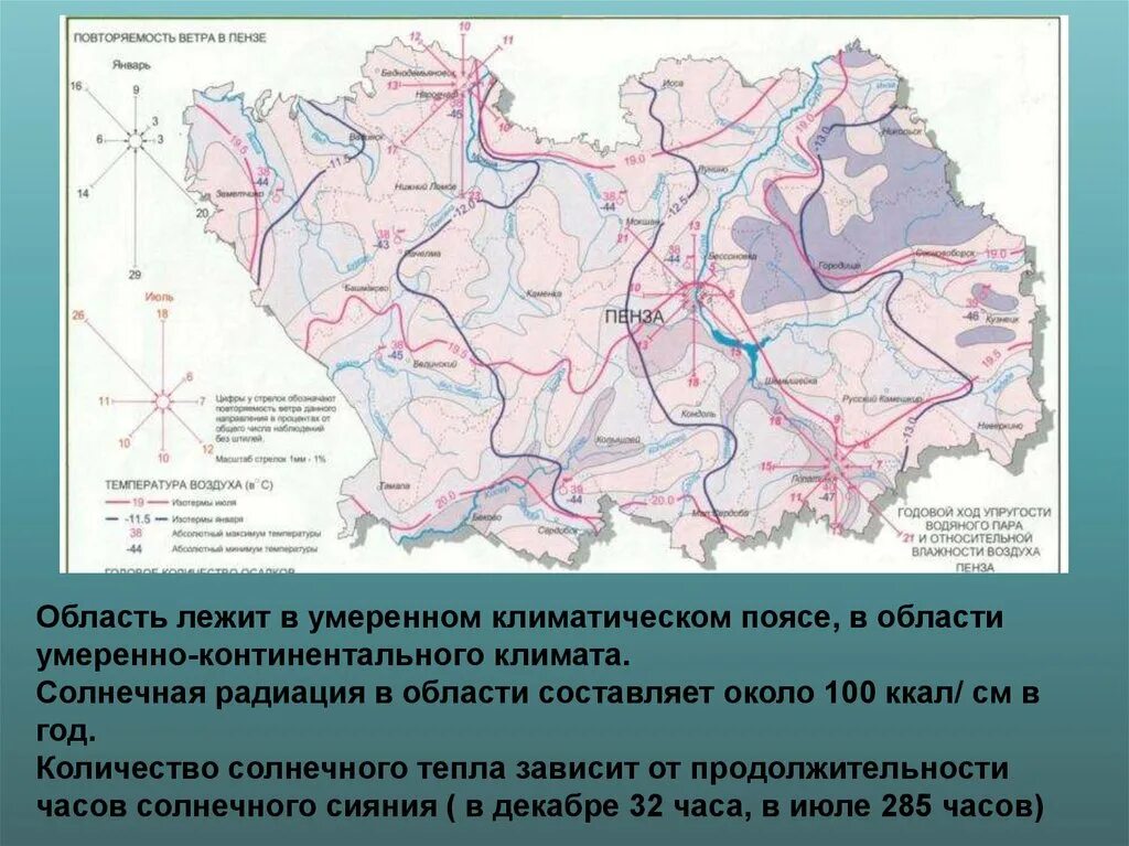 Температура воздуха в умеренной области. Климат Пензенской области карта. Континентальный климат Суммарная Солнечная радиация. Солнечная радиация в континентальном климате. Климатическая карта Пензенской области.