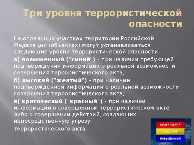 Уровень опасности в рф. Уровни опасности Российской Федерации. Уровни террористической опасности. Три уровня террористической опасности. 3 Уровня террористической угрозы.