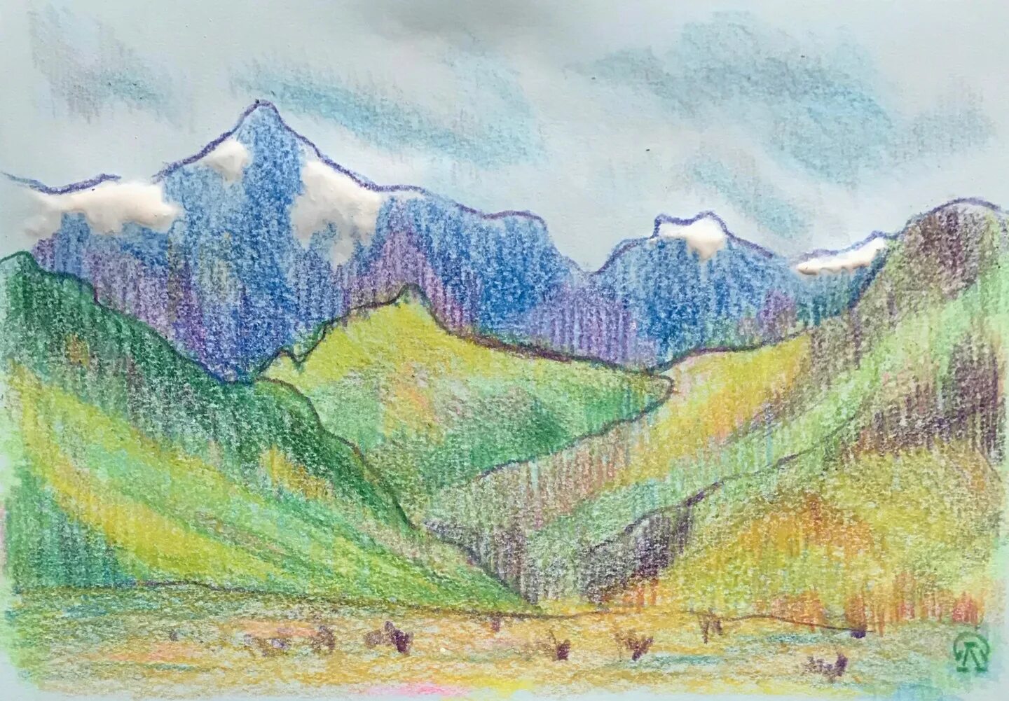Шешина горный пейзаж сухая пастель. Пейзаж цветными карандашами. Горы цветными карандашами. Горы восковыми мелками. Неповторимая красота гор рисунок