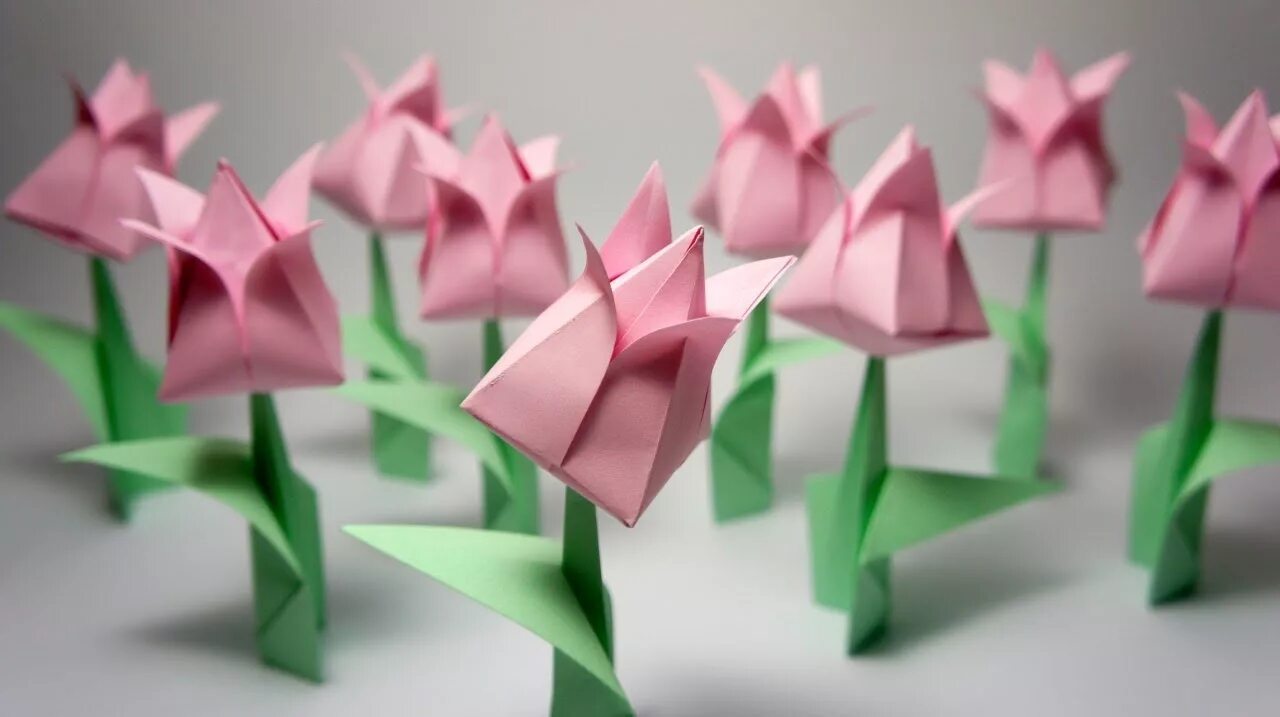 Оригами. Тюльпан из бумаги. Поделка тюльпаны из бумаги. Объемные тюльпаны из бумаги.