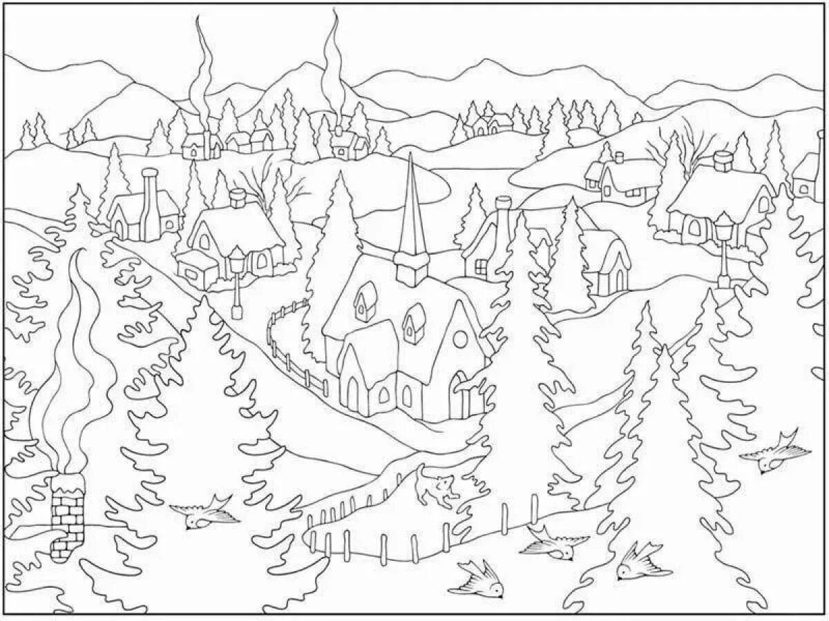 Раскраска пейзаж. Раскраска. Распечатать картину зима. Распечатать картину зима. Новогодний пейзаж раскраска.