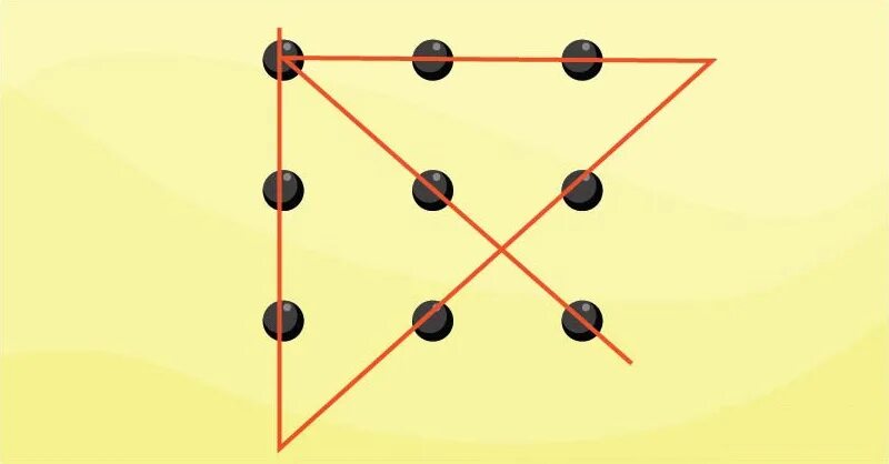 Девять точек треугольника. Головоломка с 9 точками. 9 Точек 4 линии. Соединить четырьмя линиями. Соединить 9 точек четырьмя прямыми линиями не отрывая руки.