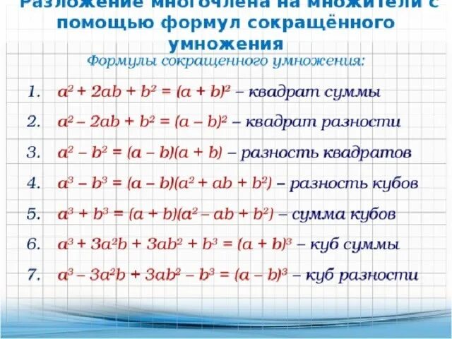 Ав кубе б в кубе. Разложение разности квадратов на множители 7 класс формулы. Формула (a+b)^3(a-b). Формулы сокращенного умножения с 3 переменными. А2 б2 формула сокращенного умножения.