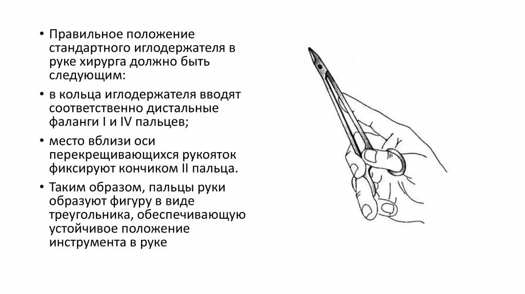 Правильное положение иглодержателя в руке. Правильное положение иглы в иглодержателе. фиксация иглы в иглодержатель. положение иглодержателя гегара в кисти.