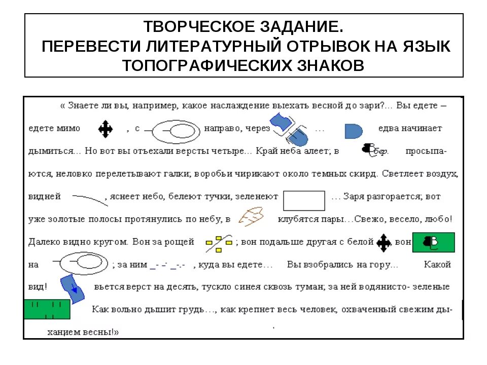 Задание по условным знакам. Топографический диктант. Задания по географии. Творческие задачи по географии.