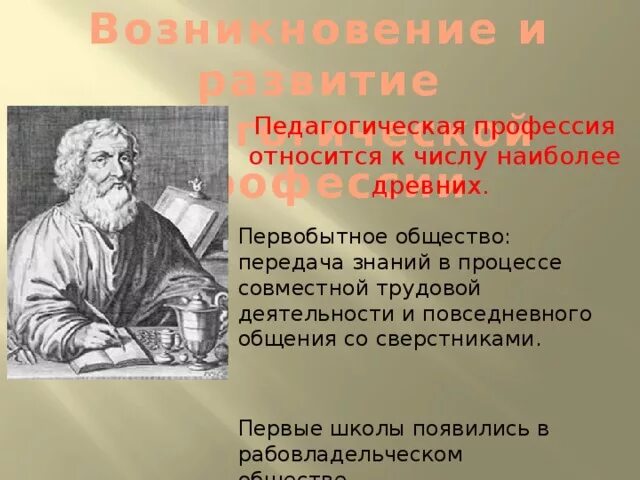 Возникновение и развитие педагогической деятельности. Становление педагогической профессии. возникновение и развитие педагогической профессии. возникновение и становление педагогической профессии. возникновение и становление профессии учителя.