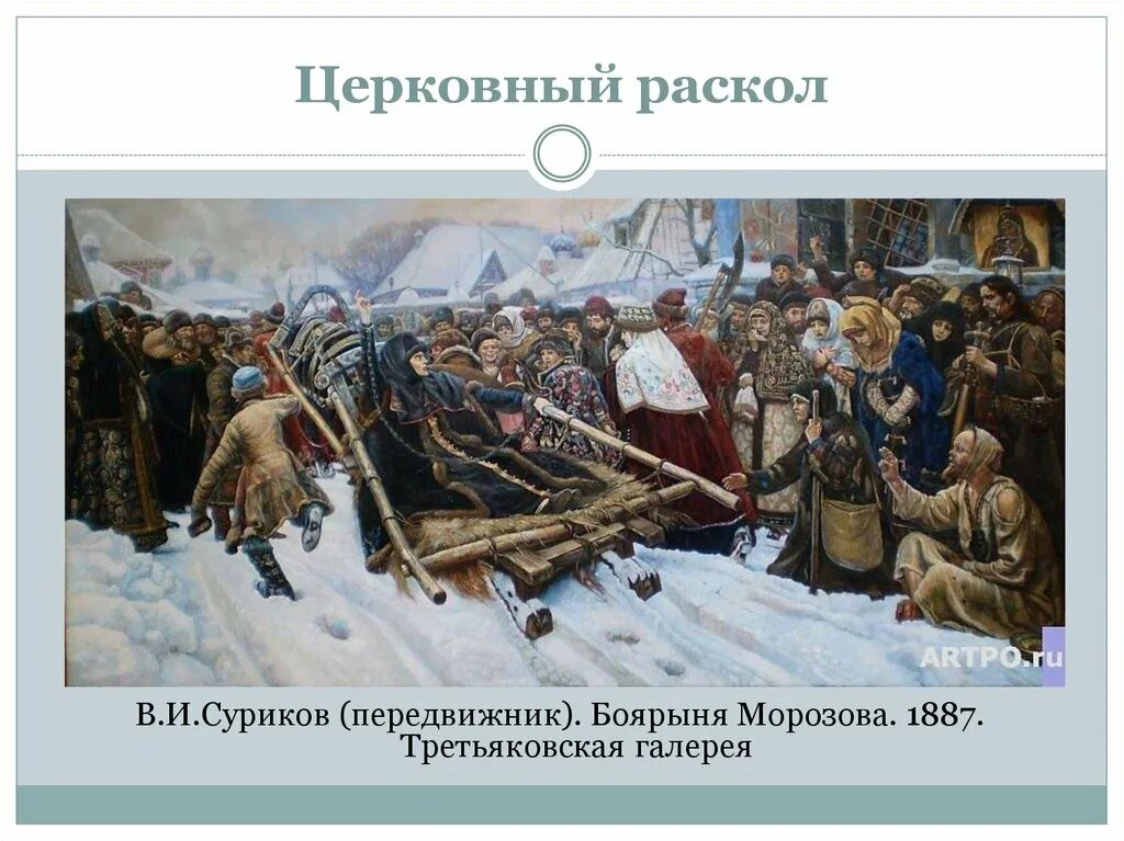 Время церковного раскола. Суриков Боярыня Морозова Третьяковская галерея. Боярыня Морозова церковный раскол. Картина старообрядцы Боярыня Морозова. Картина Боярыня Морозова раскол.