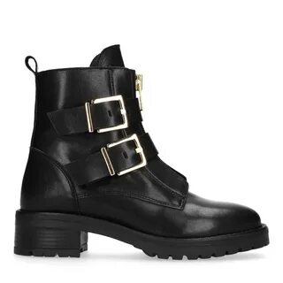 Zwarte biker boots met gouden gespen - Damesschoenen - SACHA Kış, Topuklula...