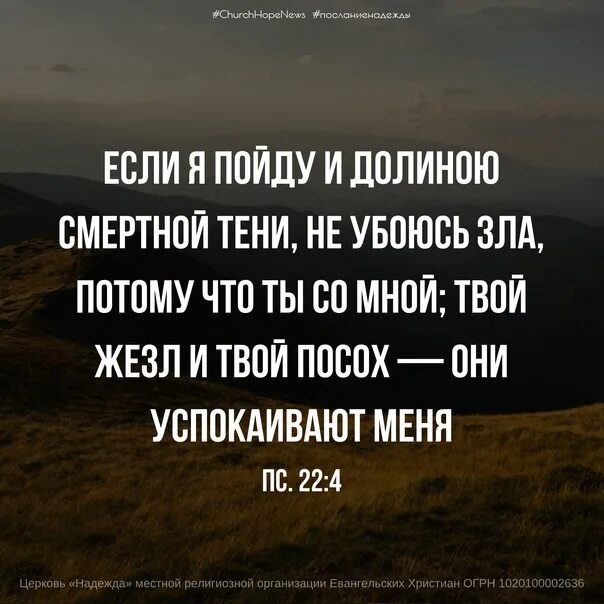Долиной смертной тени не убоюсь. Долиной смертной тени не убоюсь. И пойду я долиной смертной тени. Если я пойду и долиною смертной. Не убоюсь зла.