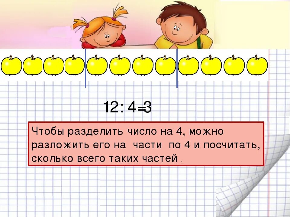 Сколько будет 6 9 ответ. 12 Разделить на 4. Деление числа на части. Деление на 4. Деление на 10 второй класс.