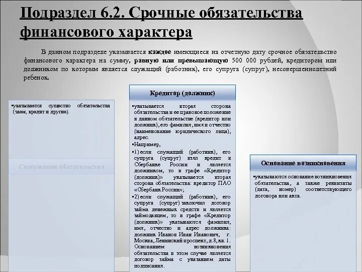 Размер обязательства по состоянию на отчетную дату. Обязательства финансового характера. Срочные обязательства финансового характера. Срочные обязательства финансового характера в справке о доходах это. Заполнение срочные обязательства финансового характера пример.