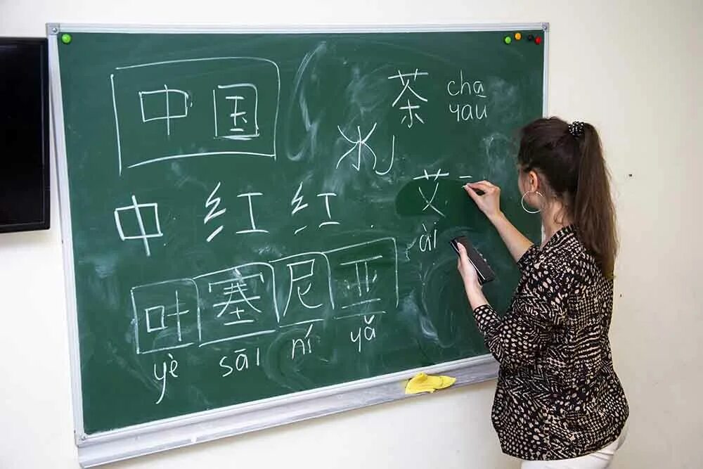 Изучать китайский. Китайский язык. Школьная доска с китайскими иероглифами. Открытка для учителя по китайскому языку. Учитель пишет на доске иероглифы.