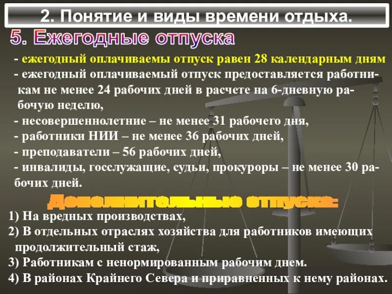 Понятие и виды времени отдыха. Понятие, виды и Продолжительность ежегодных оплачиваемых отпусков. Понятие ежегодного отпуска. Ежегодный оплачиваемый отпуск понятие. Ежегодного оплачиваемого отпуска превышающая 28