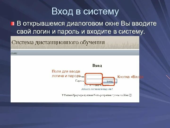 Вход в систему. Поле ввода в диалоговом окне. Войти в систему дистанционного обучения. Окно ввода логина и пароля.