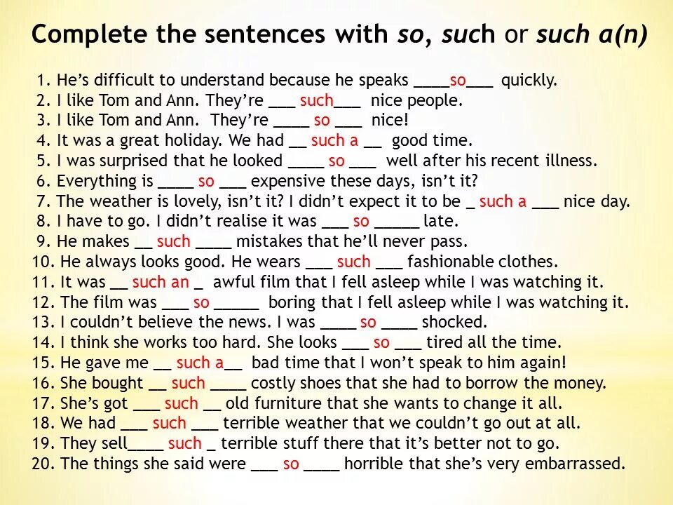 These are difficult sentences. So и such в английском языке. So and such правило в английском языке. Such so в английском языке упражнения. Конструкция so such в английском языке.