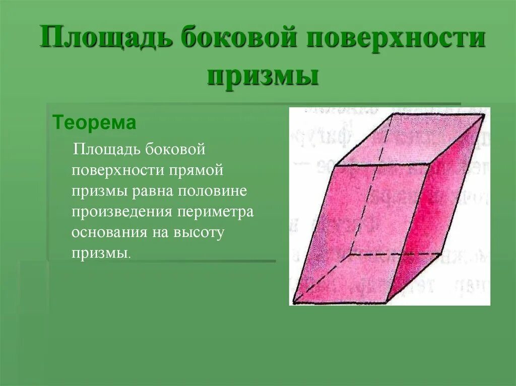 Произведение периметра основания на высоту призмы равно. Боковая поверхность Призмы. Площадь боковой поверхности прямой Призмы. Блюоуова поверхность Призмы. Поверхность прямой Призмы.