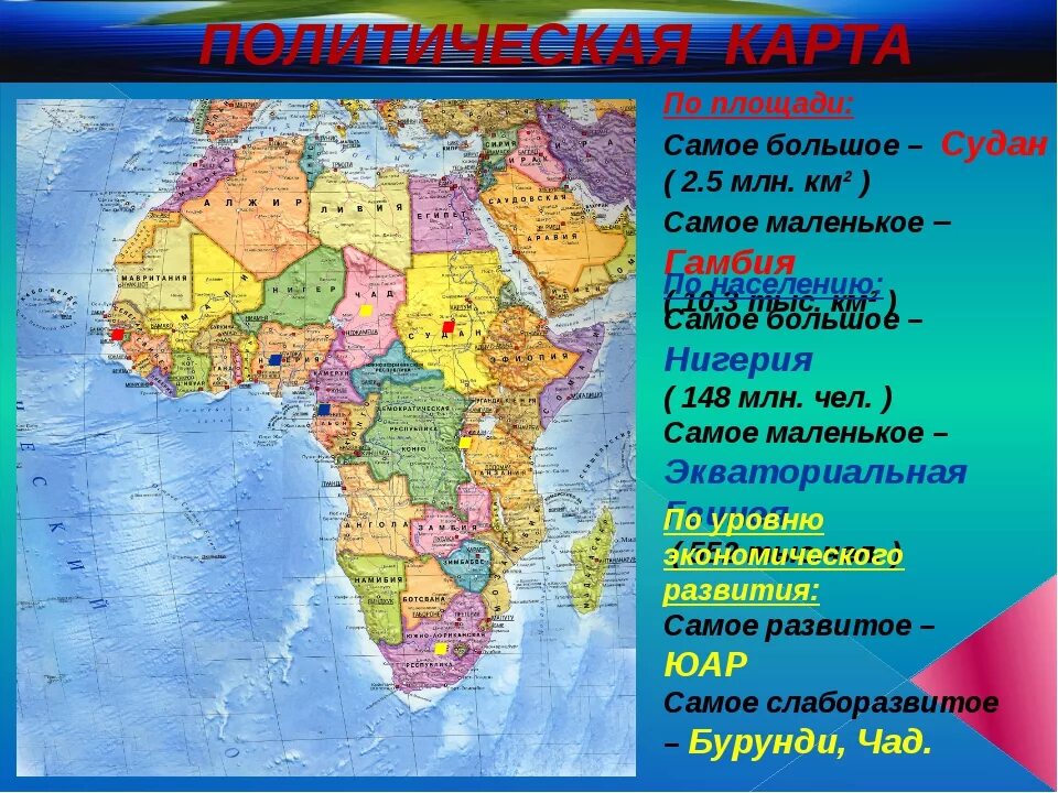 Столицы самых крупных государств Африки. Африка политическая карта по странам и континентам. Государства Африки по площади. Самое маленькое государство Африки