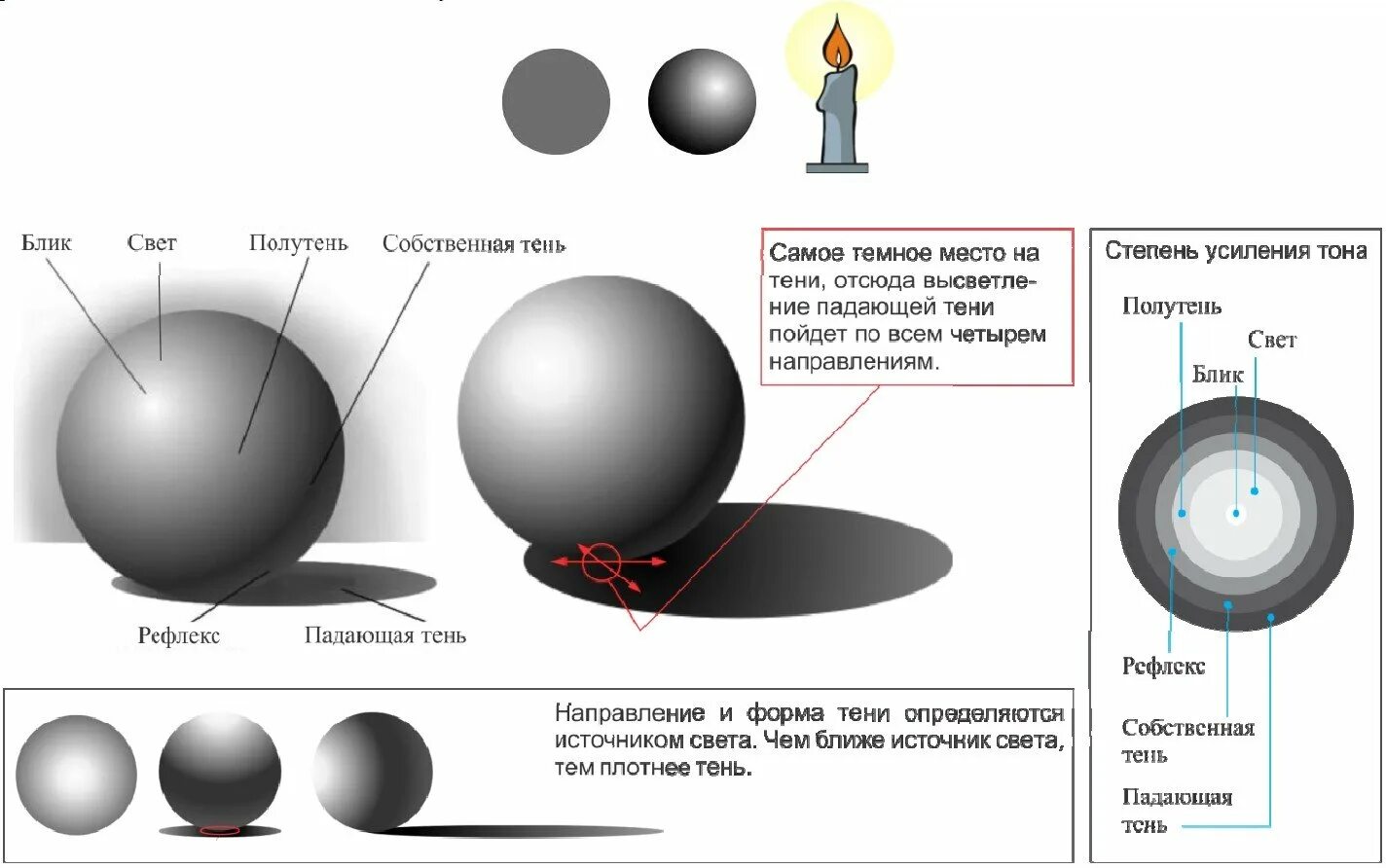 Нижняя часть шара. Шар тень полутень блик рефлекс. Блик тень полутень рефлекс в рисунке. Тень от шара источник света снизу. Рисунок свет тень полутень.