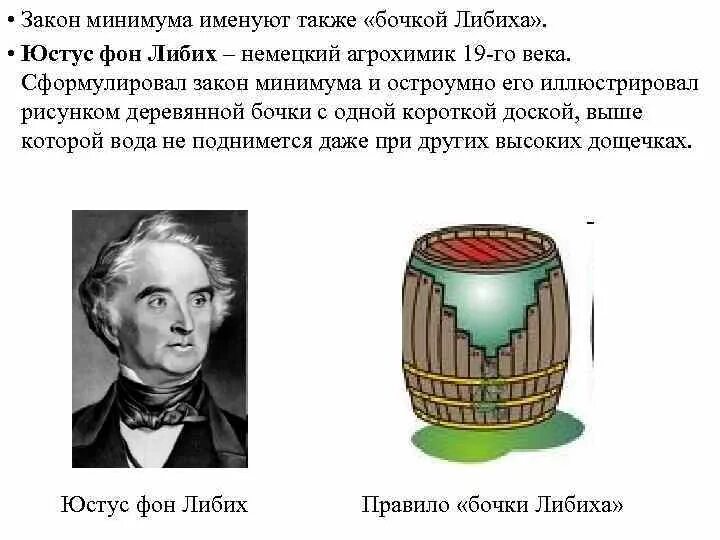 Закон минимума в экологии. Закон минимума Юстуса Либиха. Либих ученый. Бочка Либиха и лимитирующие факторы. Бочка Либиха закон экологии.