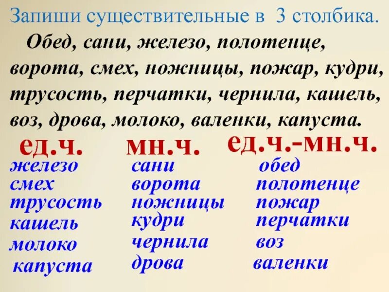 Записать в два столбика формы. Запиши существительные в три столбика. сущ только в единственном числе. дрова множественное число. дрова множественное число или единственное число.