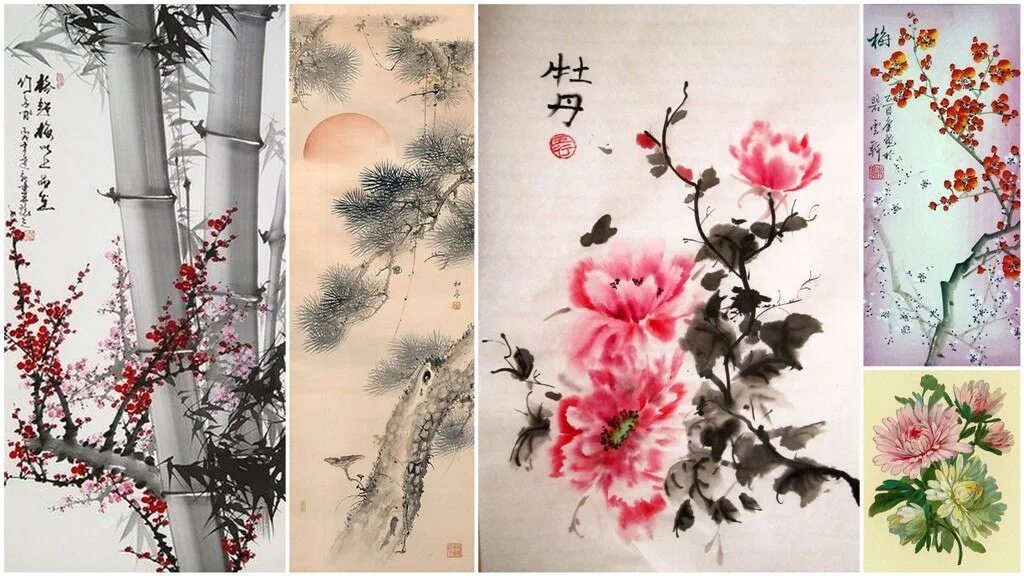 Символы цветов в китае. Японские картины с иероглифами и сакурой. Корейские цветы рисунок. Рисунки в корейском стиле.