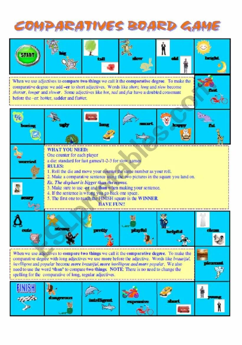 Degrees of comparison games. Comparatives board game. adjectives board game. superlatives speaking board game. comparatives board games for kids.