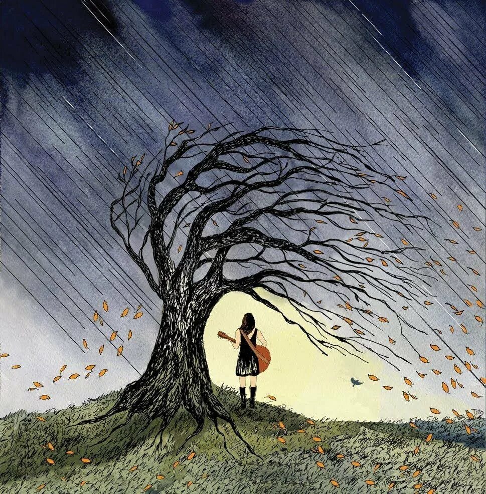 Дерево на ветру. Пейзаж с ветром. Грустное дерево. Одиночество рисунок. Рисуем пейзаж настроение по произведениям русских поэтов