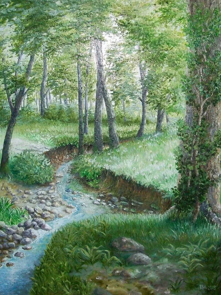 Глубокий а ручей. Лесной овраг живопись. Ручей в лесу. Картина ручей в лесу. Ручеек в лесу.