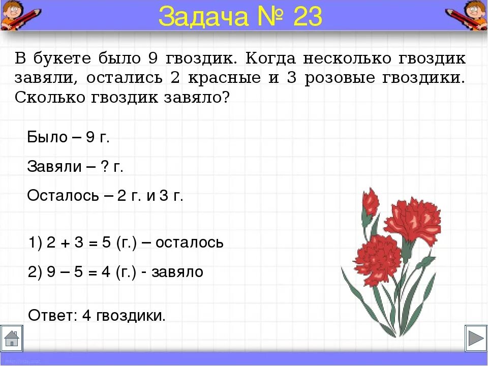 В лесу на солнечной полянке расцвели гвоздика. Задачи по математике. Задачи по математике 2 класс. Решение задач 2 класс по математике. Задачи для 1 класса по математике с ответами.