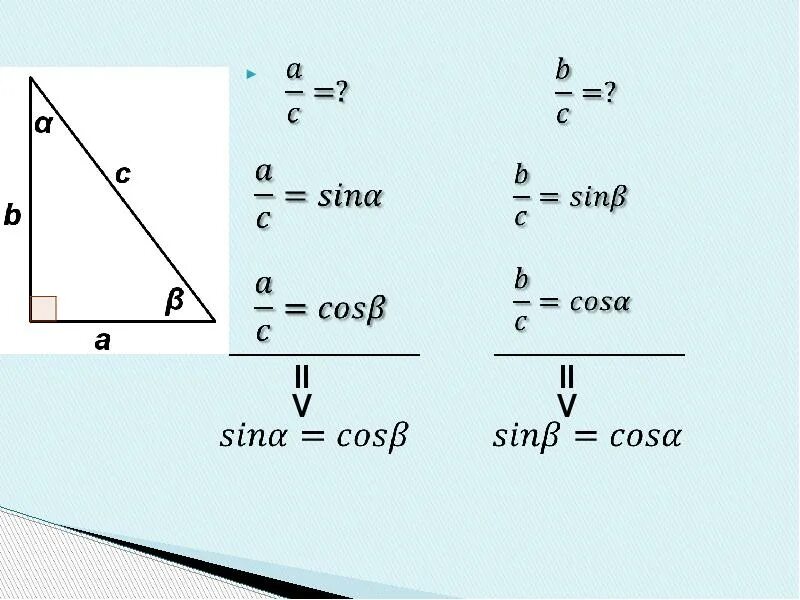 Тригонометрические функции острого угла 8 класс презентация. Тригонометрические формулы прямоугольного треугольника. Тригонометрия в прямоугольном треугольнике. Тригонометрия в прямоугольном треугольнике формулы. Тригонометрические соотношения в прямоугольном треугольнике.