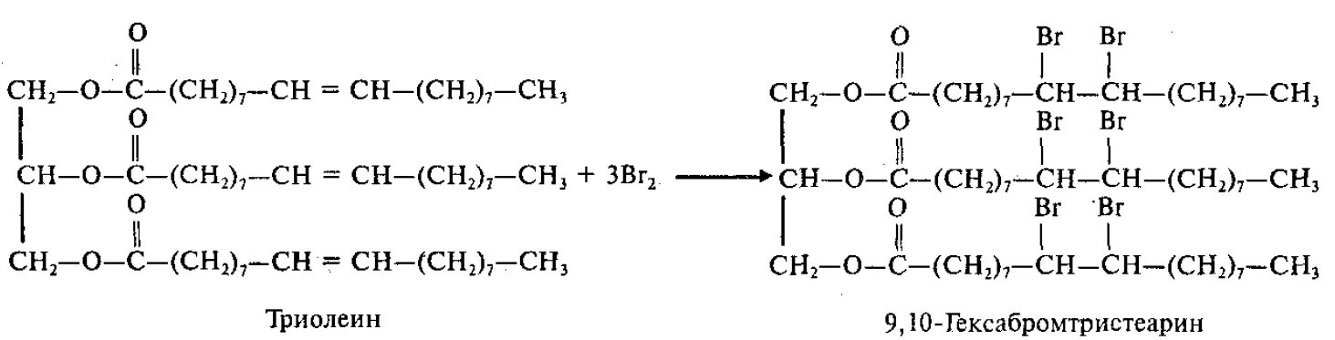 Жиры с бромной водой. Реакция триолеина с бромной водой. Формула жира триолеина гидролиз. Структурная формула триолеина. Взаимодействие жиров с бромной водой.