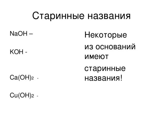 Кон название вещества. Названия оснований. NAOH название основания. Cu Oh 2 название. CUOH название вещества.