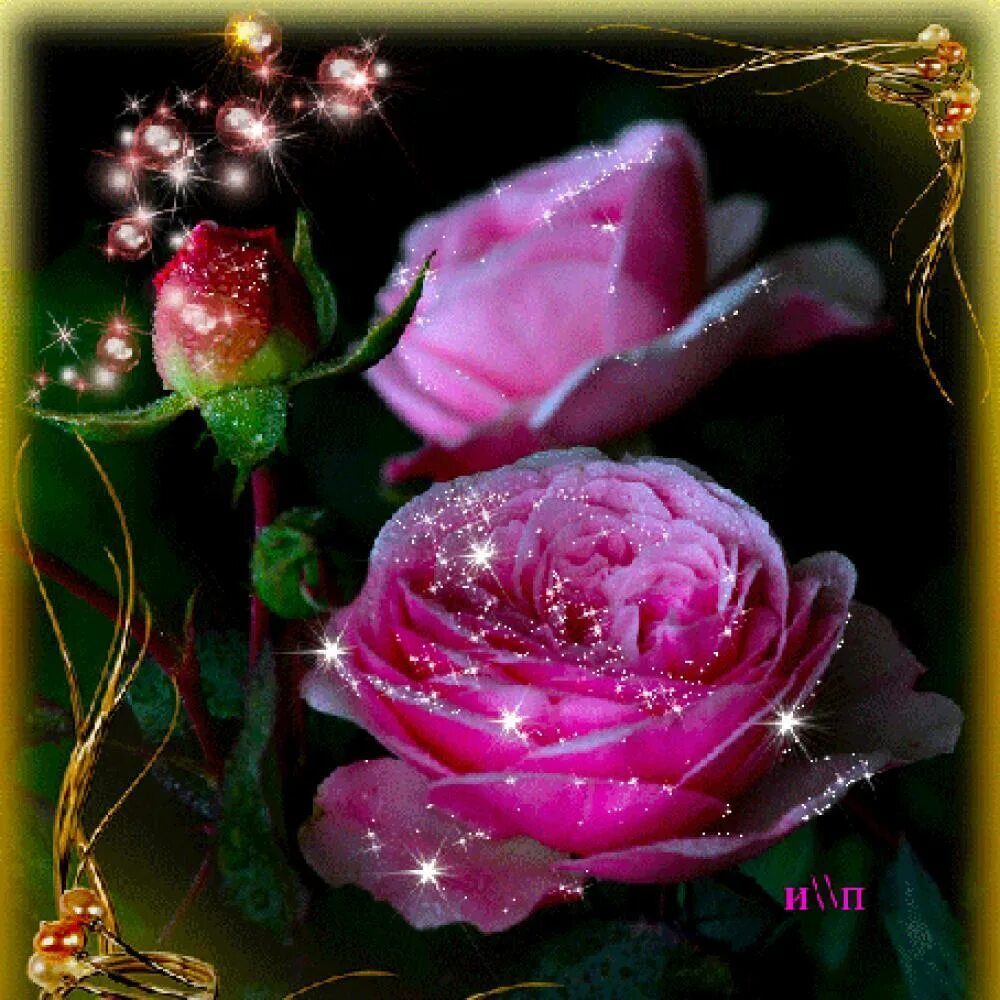 Анимационная блестящая картинка. Красивые розы с блестками. Анимационные цветы. Переливающиеся цветы. Мерцающие розы.