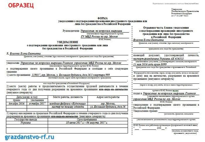 Образец уведомления о проживании