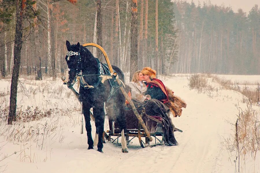 Женщина в санях. Сани в лесу. Фотосессия с лошадью зимой. Девушка на санях.