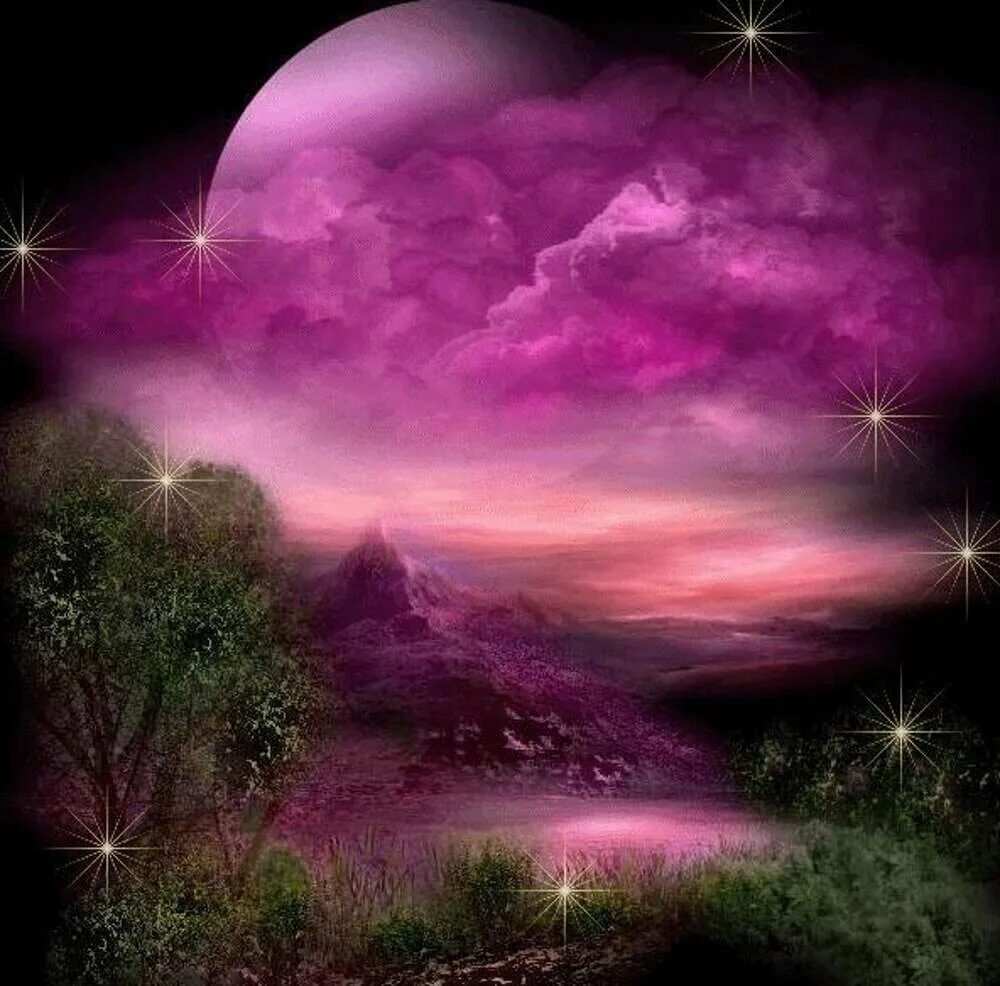 Красивая ночь. Фэнтези природа. Фиолетовый вечер. Фэнтези пейзажи.