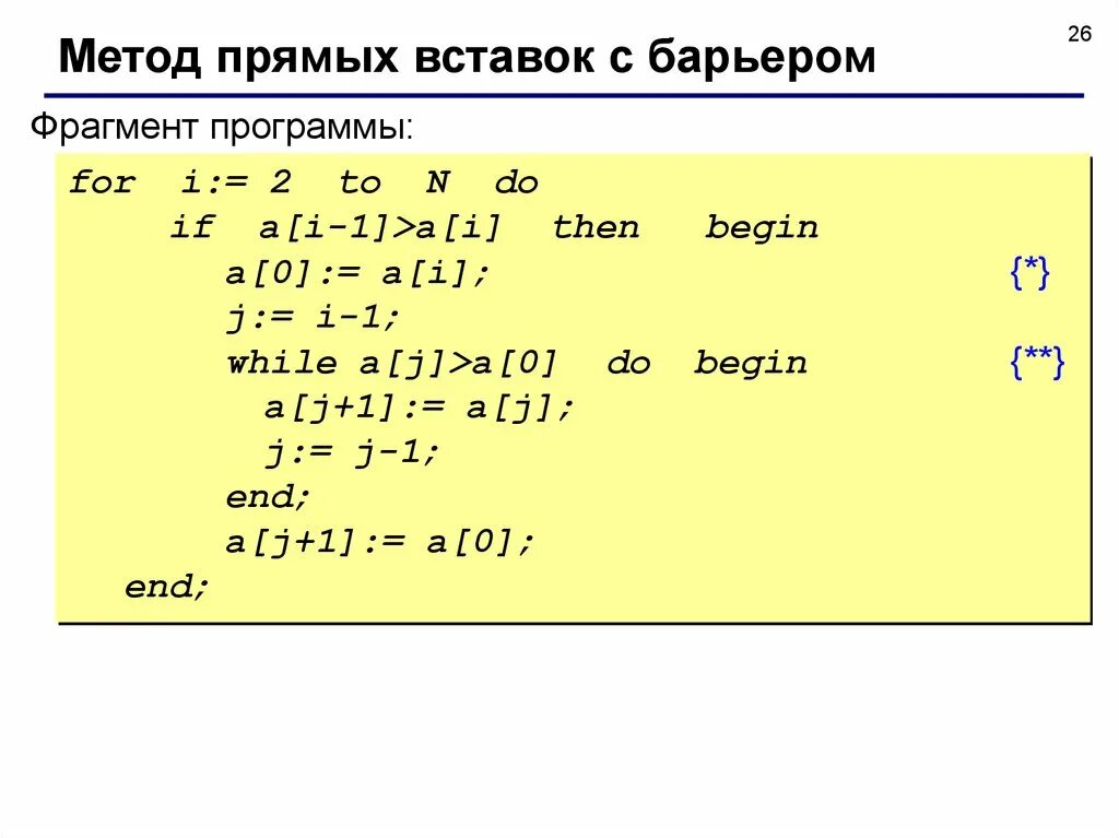 Метод insert c. Метод сортировки простыми вставками с барьером является. что производит следующий фрагмент программы for i: 1 to n do write a[i],&#039;. вычислите значение с в данном фрагменте программы фор.