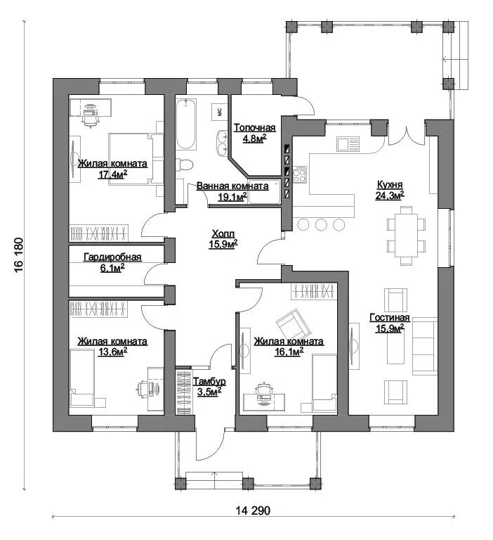 Проект одноэтажного дома Uno Casas