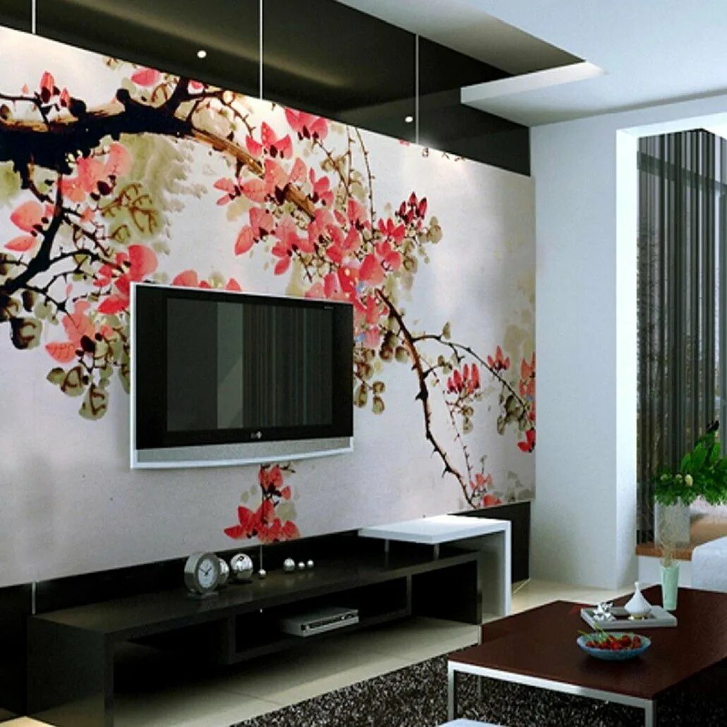 Стиль сакура. Стена в японском стиле. Декор квартиры. Красивые стены в зале. Современный декор стен.