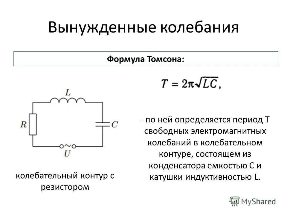 Вынужденные электромагнитные колебания формула. Вынужденные электромагнитные колебания колебательный контур схема. Вынужденными электромагнитными колебаниями формула. Электрические колебания колебательный контур формула Томсона. Период колебательного контура определяется