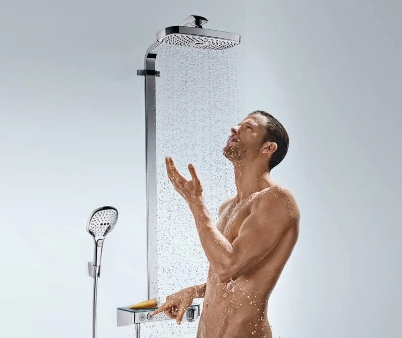 Мужики в душе видео. Душевая стойка Hansgrohe Raindance select e 300 2jet Showerpipe 27126400 комбинированное. Хансгрое душевая стойка встроенная.