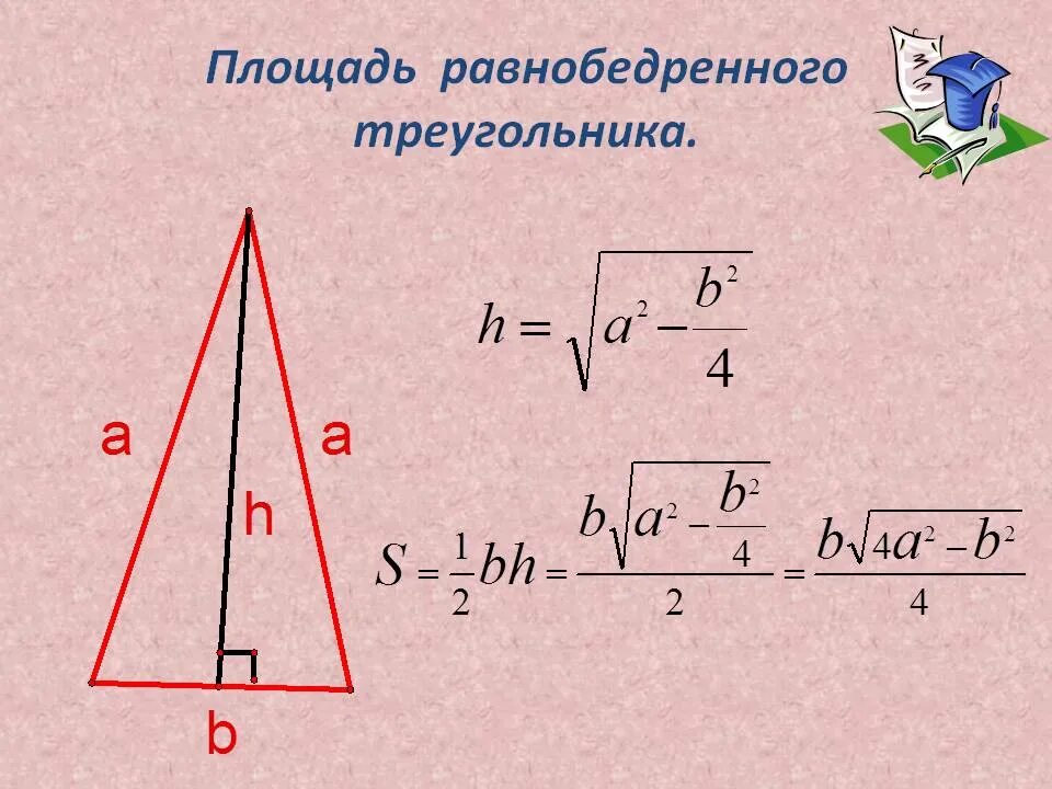 Высота по трем сторонам. Формула нахождения площади равнобедренного треугольника. Формула площади треугольника равнобедренного треугольника. Площадь равнобедреннгого текгол. Плащадьравнобедреного треугольника.
