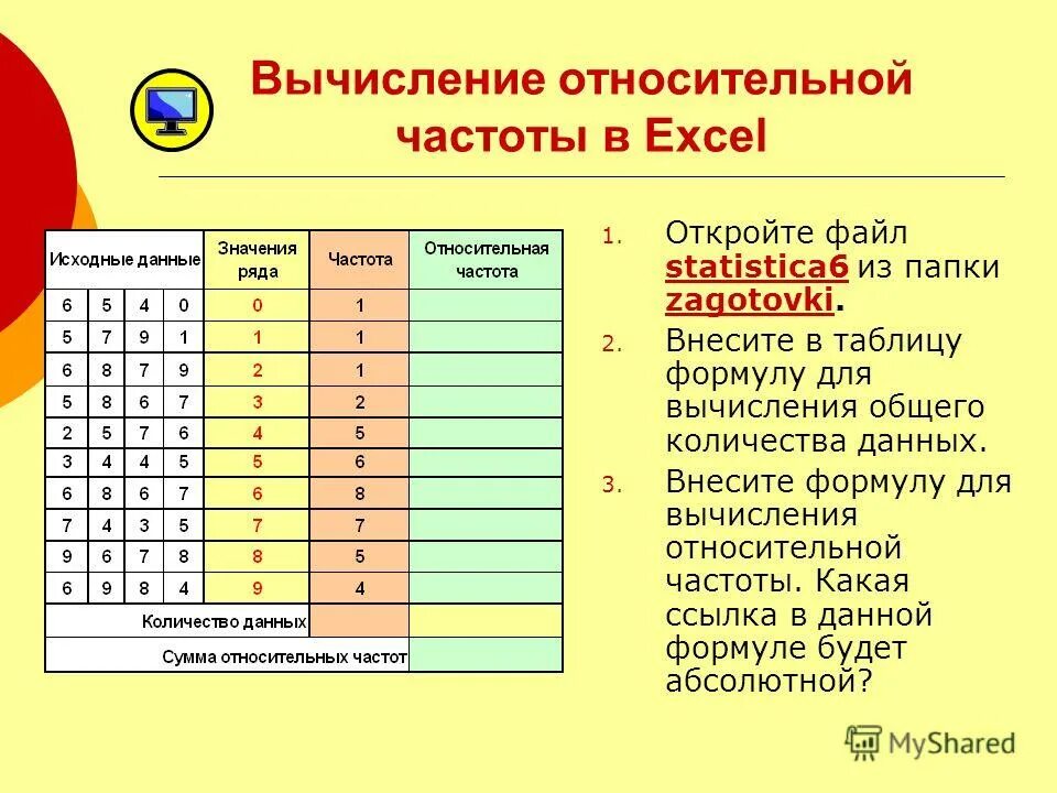 Частоты значений в массиве данных презентация. Относительная частота эксель формула. Относительная частота в экселе. Формула расчета относительной частоты. Функция частота в excel.