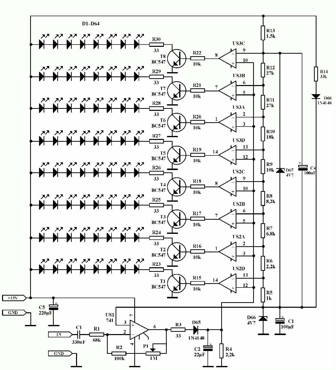индикатор уровня сигнала на к561тр2. индикатор уровня сигнала схема на транзисторах. светодиодный индикатор уровня сигнала на транзисторах схема. схемы индикаторов уровня на светодиодах. схема индикатора уровня сигнала на светодиодах на транзисторах.