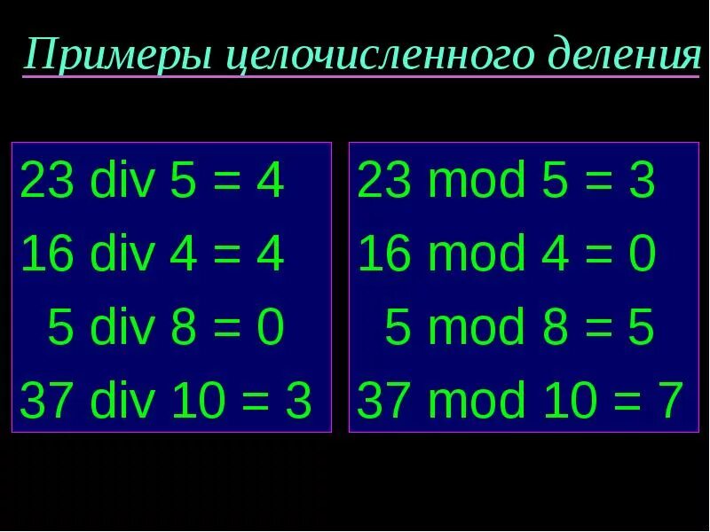 8 div 10. Div Mod. Целочисленное деление Паскаль. Целочисленное деление в информатике. Операция целочисленного деления в Паскале.
