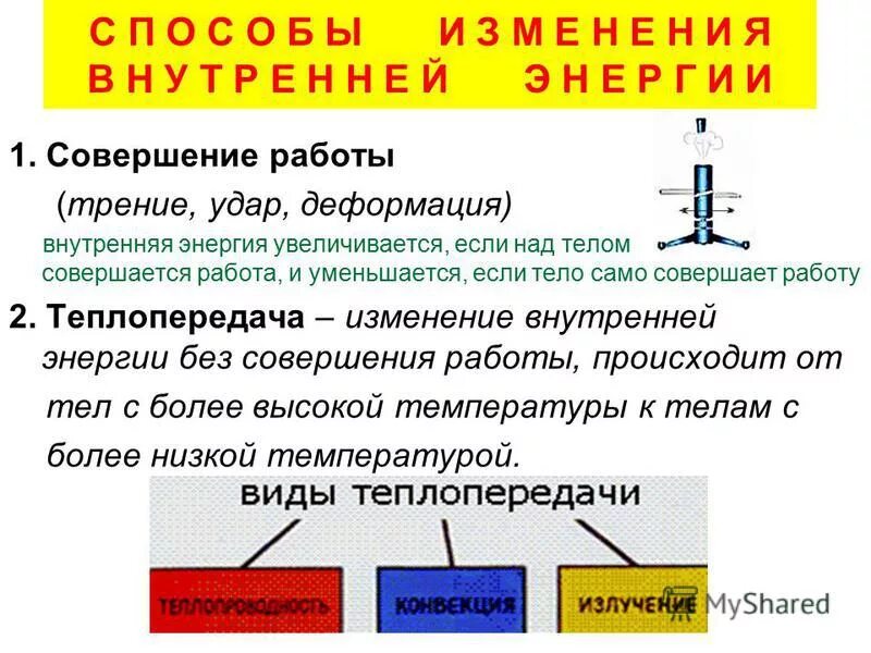 Как изменяется внутренняя энергия тела. Внутренняя энергия 8 класс физика. Виды внутренней энергии. Совершение работы самим телом. Изменение внутренней энергии за счет совершения работы.