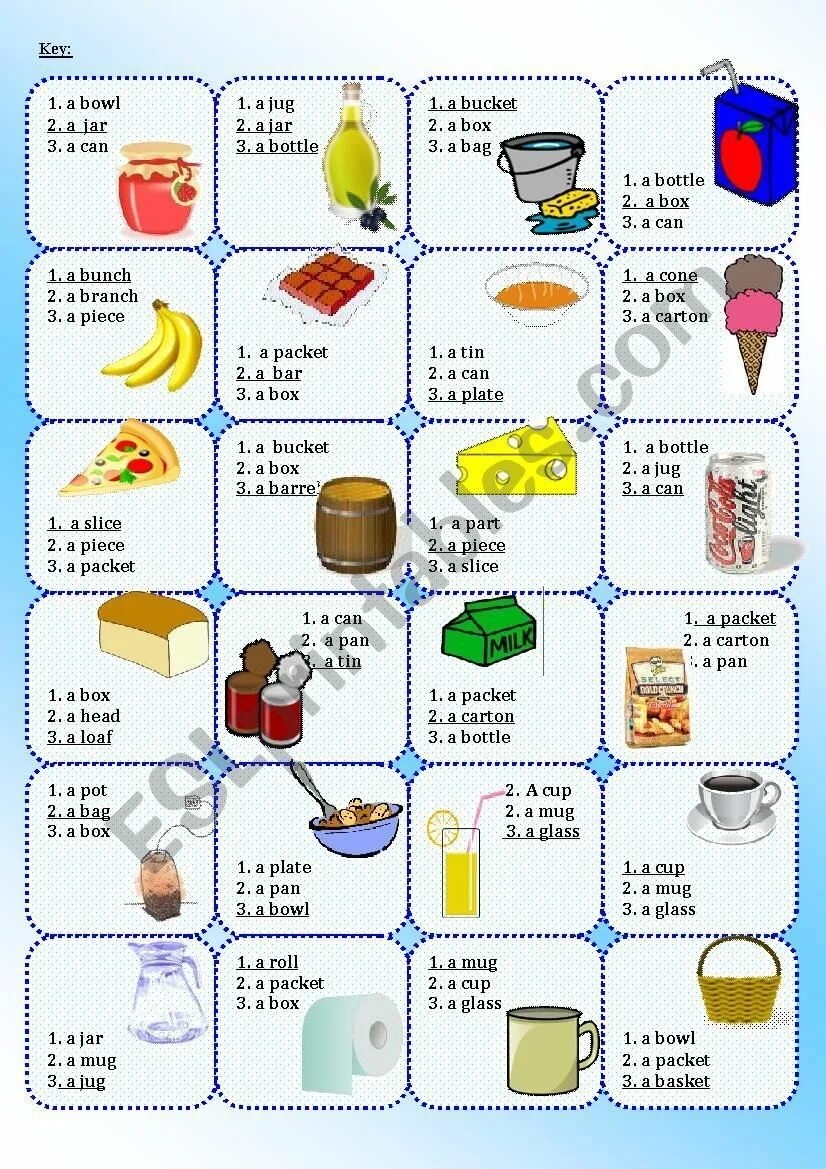 Fill in loaf box bottle carton bowl. Containers в английском языке. Quantities and Containers в английском. Упаковки на английском. Упражнения на еду в английском языке.