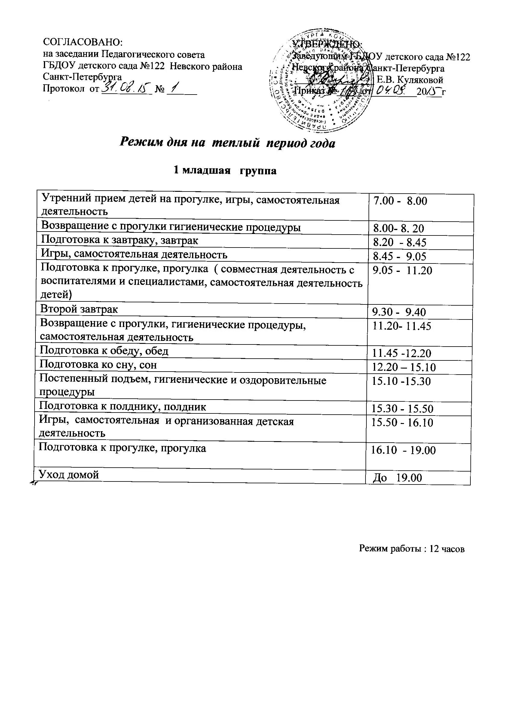 График ясельной группы