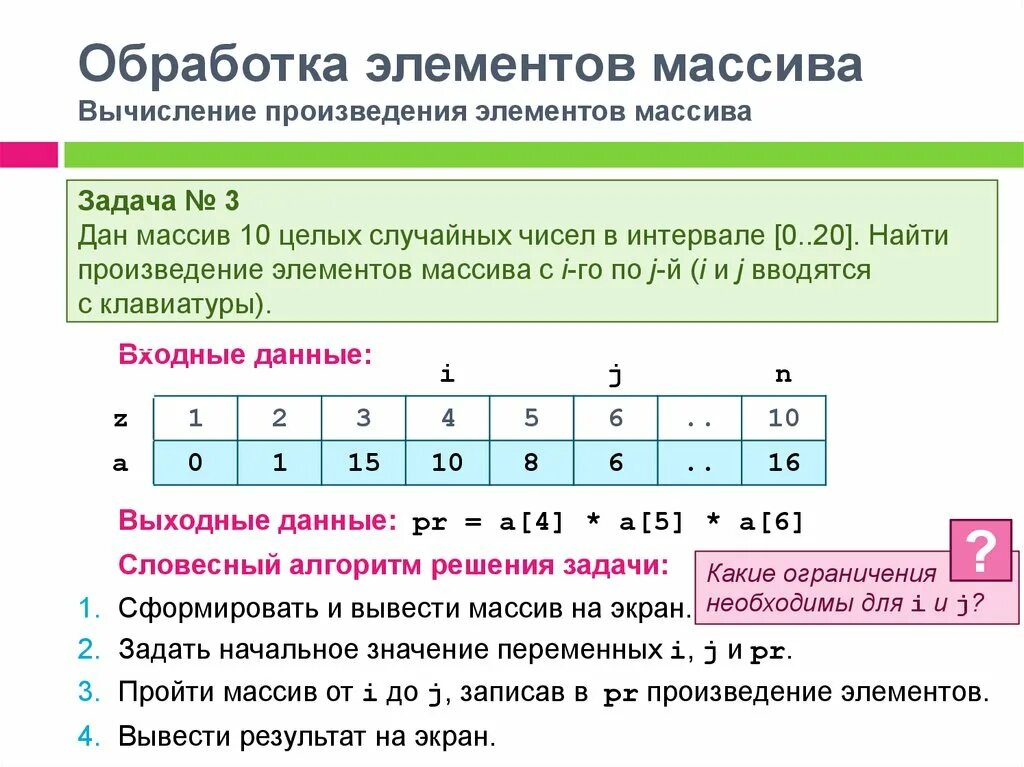 Вычислить произведения элементов массива. Обработка элементов массива. Вычисление произведения элементов массива. Обработка одномерных массивов. Нумерация элементов массива.