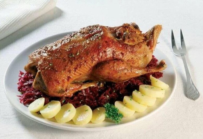 Утка с капустой и яблоками. Утка по домашнему. утка мясо. утка с кнедликами. жареный гусь с красной капустой и кнедликами.